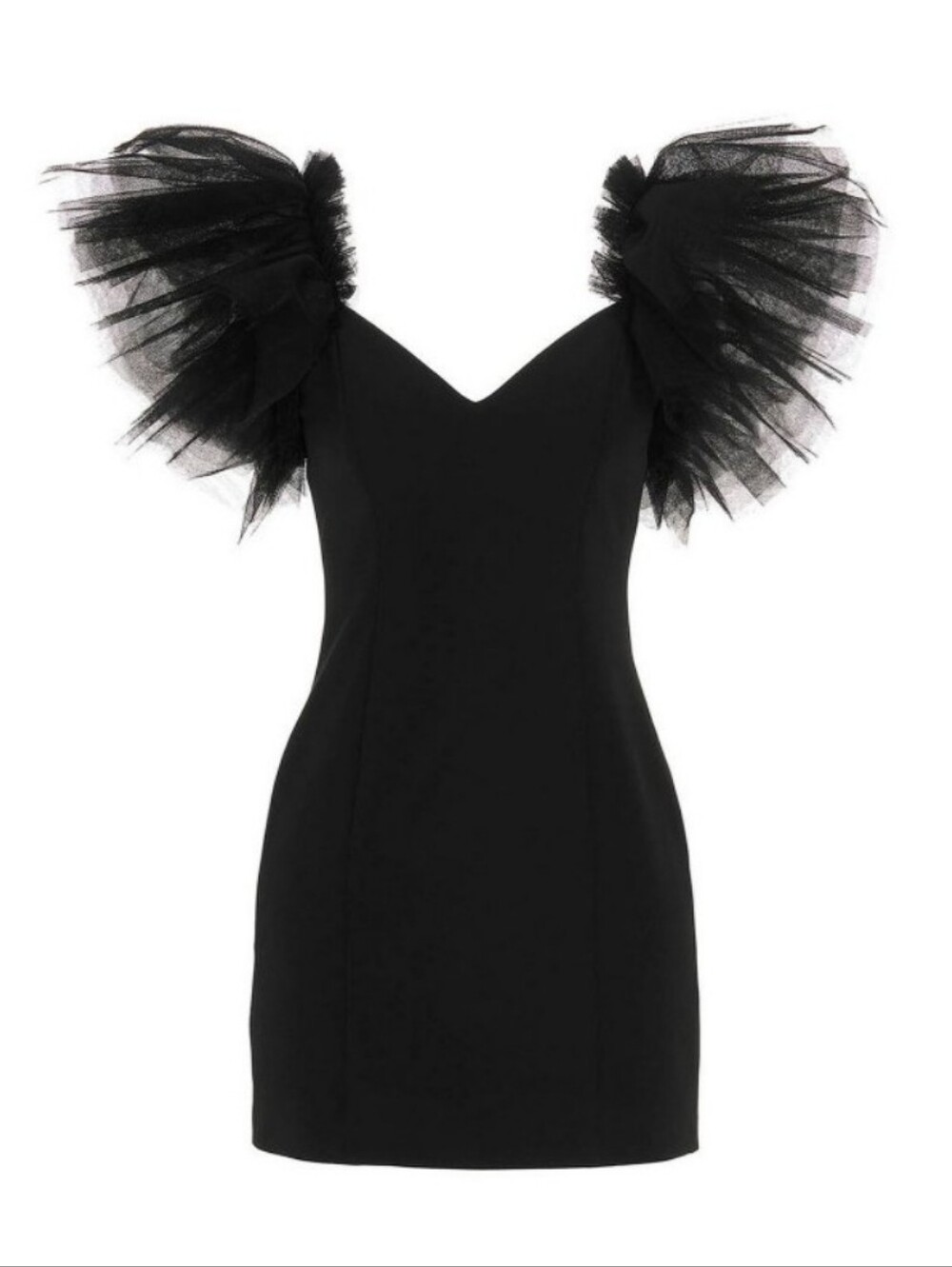 NWT Makadamia Black VNeck Bodycon Mini Dress Tulle Ruffle Sleeve Sz 36 (US sz 4)